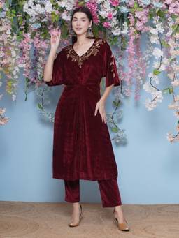 Jhambthread - Women Maroon Hand Embellished Kurta and Pant