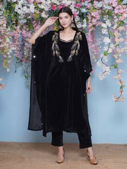 Jhambthread - Women Black Hand Embellished Kaftan with Inner and Pant