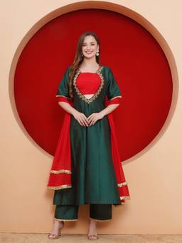 Jhambthread - Women Green Tafta Anarkali and Pant With Dupatta