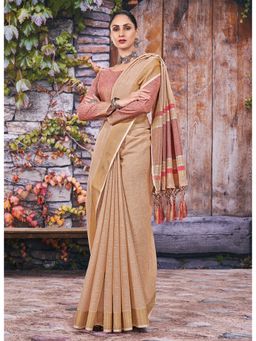 Sangam Prints - Cream Linen Woven Work Traditional Tassel Saree with Unstitched Blouse