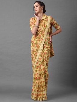 Akhilam - Cream Casual Georgette Printed Saree with Unstitched