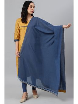 W - Blue Cotton Dupatta With Running Stich Embroidery