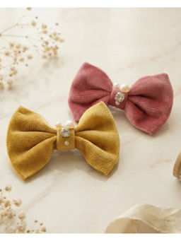FUNKRAFTS - Pink & Yellow Velvet Bow Hair Clips (Pack of 2) (3-12 Years)