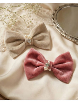 FUNKRAFTS - Pink & Beige Velvet Bow Hair Clips (Pack of 2) (3-12 Years)
