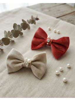 FUNKRAFTS - Red & Beige Velvet Bow Hair Clips (Pack of 2) (3-12 Years)