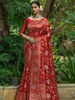 Odette - Red Tussar Silk Heavy Jamdani Saree with Unstitched Blouse