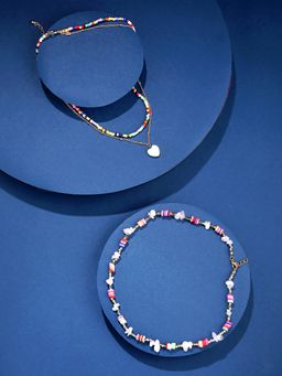 Yellow Chimes - Set of 2 Pcs Heart and Colorful Pearl Beaded Charm Necklace Chain