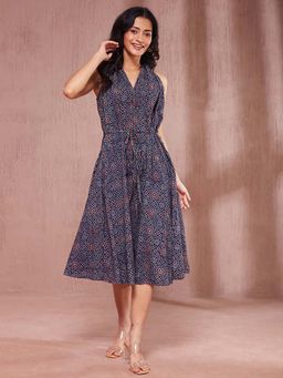 Fabindia - Blue Cotton Ajrakh Printed Midi Dress