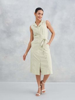 Fabindia - White Cotton Hand Woven Midi Dress with Belt