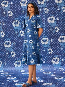 Fabindia - Indigo Cotton Dabu Printed Midi Dress