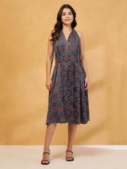 Fabindia - Blue Rayon Blend Ajrakh Printed Midi Dress