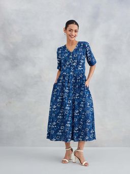 Fabindia - Indigo Cotton Dabu Printed Midi Dress