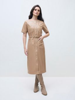 ELLE - Women Brown Solid Crew Neck Dress with Belt