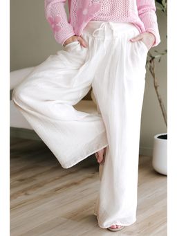 Errabelly - White Casual Tie Waist Pleated Wide Leg Pant