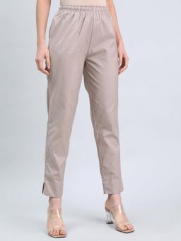 Go Colors - Women's Solid Beige Cotton Pencil Pant