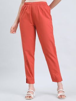 Go Colors - Women's Solid Rust Cotton Pencil Pant