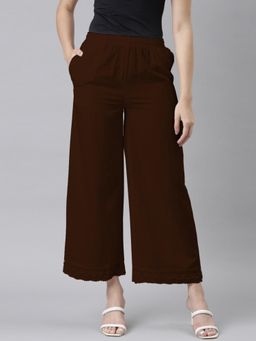 Go Colors - Women's Solid Dark Brown Linen Wide Pant