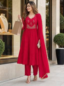 BERRYLICIOUS - Women Pink Chanderi A-Line Hand Embroidered Kurta with Pant and Dupatta