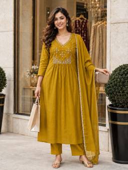 BERRYLICIOUS - Women Mustard Chanderi A-Line Hand Embroidered Kurta with Pant and Dupatta