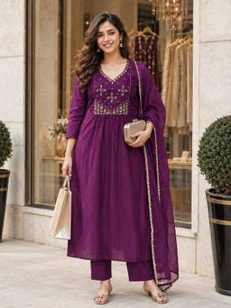 BERRYLICIOUS - Women Purple Chanderi A-Line Hand Embroidered Kurta with Pant and Dupatta