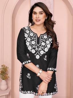 Sidhidata - Black Women's Rayon Chikankari Embroidered Short Kurti