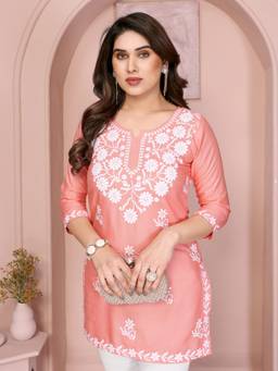 Sidhidata - Peach Women's Rayon Chikankari Embroidered Short Kurti