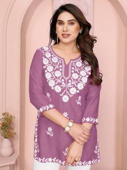 Sidhidata - Purple Women's Rayon Chikankari Embroidered Short Kurti