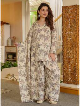Kedar Fab - Beige Cotton Blend Floral Printed Kurta and Farshi Salwar with Dupatta