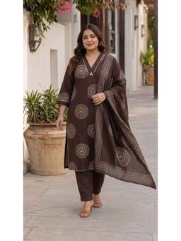 Doriyaan - Plus Size Printed Cotton Brown Stitched Kurta Palazzo with Dupatta