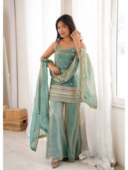 Kedar Fab - Teal Shimmer Silk Sequins Embroidered Kurta and Palazzo with Dupatta