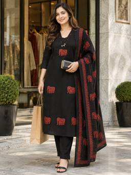 BERRYLICIOUS - Women Cotton Black Applique Hand Embroidered Kurta with Pant and Dupatta