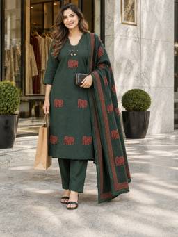 BERRYLICIOUS - Women Cotton Green Applique Hand Embroidered Kurta with Pant and Dupatta