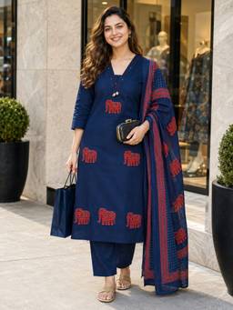 BERRYLICIOUS - Women Cotton Navy Blue Applique Hand Embroidered Kurta with Pant and Dupatta