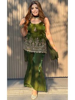 Kedar Fab - Green Shimmer Silk Sequins Embroidered Kurta and Palazzo with Dupatta