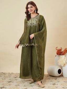 Kedar Fab - Olive Crunchy Silk Sequins Embroidered Flared Kurta and Palazzo with Dupatta