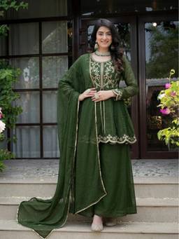 Kedar Fab - Green Crunchy Silk Embroidered Flared Kurta and Palazzo with Dupatta