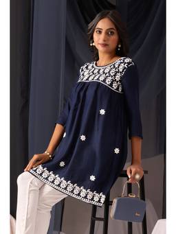 Sidhidata - Navy Blue Women's Rayon Chikankari Embroidered Short Kurti