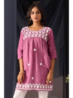 Sidhidata - Purple Women's Rayon Chikankari Embroidered Short Kurti
