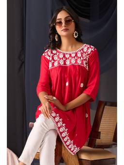 Sidhidata - Pink Women's Rayon Chikankari Embroidered Short Kurti