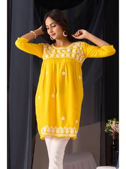 Sidhidata - Yellow Women's Rayon Chikankari Embroidered Short Kurti