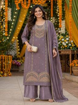 BERRYLICIOUS - Women Purple Poly Silk Embroidered Kurta with Pant and Dupatta