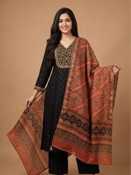 SPAN - Women Black Silk Kurta with Pant and Dupatta