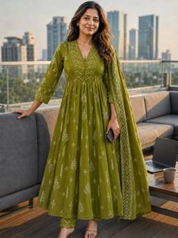 BERRYLICIOUS - Women Green Mirror Embellished Anarkali Kurta with Pant and Dupatta