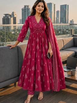 BERRYLICIOUS - Women Pink Mirror Embellished Anarkali Kurta with Pant and Dupatta