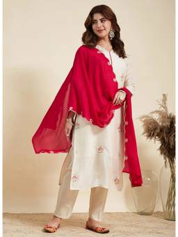 Kedar Fab - Off White Women's Cotton Blend Embroidered Kurta and Pant with Dupatta