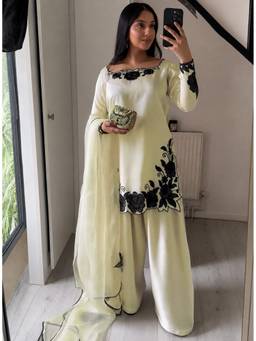 Kedar Fab - Off White Silk Floral Embroidered Kurta and Farshi Salwar with Dupatta