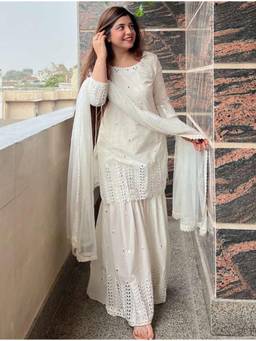 Kedar Fab - White Georgette Sequins Embroidered Kurta and Sharara with Dupatta