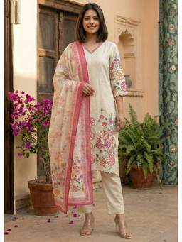 Kedar Fab - Off White Cotton Blend Floral Embroidered Kurta Pant with Dupatta