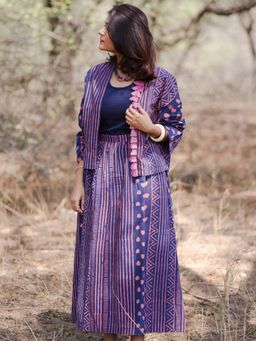 Sassy Sajja - Purple Mural Of The Yore Hand Block Printed Flared Skirt