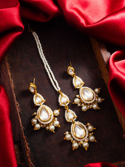 Aadita - White Alloy Gold Plated Maangtikka and Pair Of Earrings